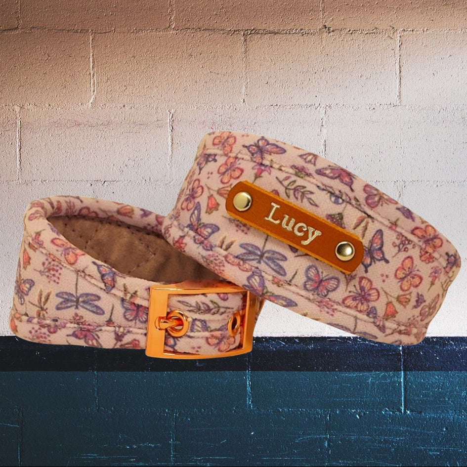 lilac floral butterfly pattern greyhound collars personalised with nameplate