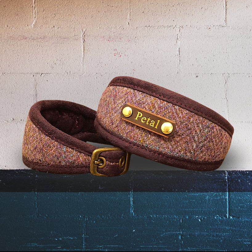 plum purple herringbone harris tweed greyhound sighthound whippet dog collar, personalized with dogs name on leather nameplate with gold lettering