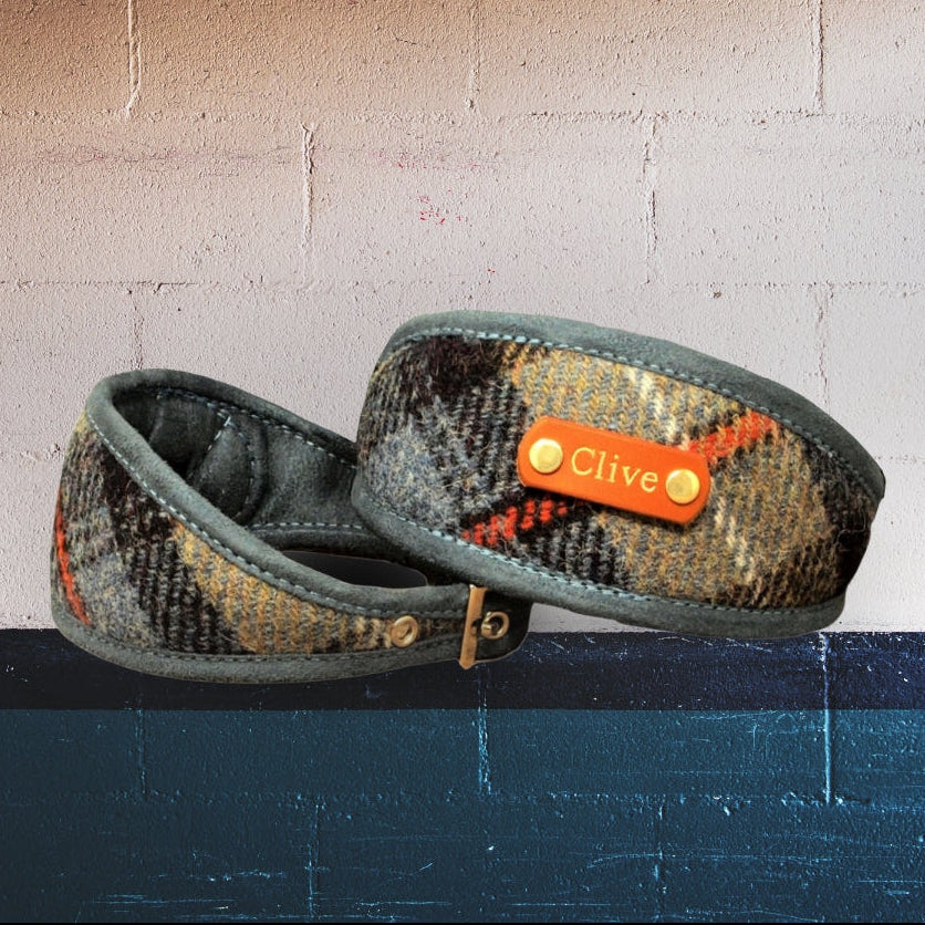 mackenzie tartan harris tweed sighthound greyhound whippet collar or dog collar personalised with dogs name on