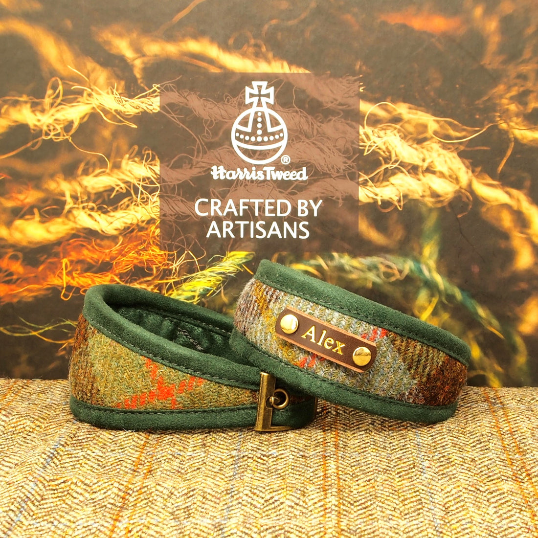 harris tweed dog collar in macleod tartan, with option to have dogs name