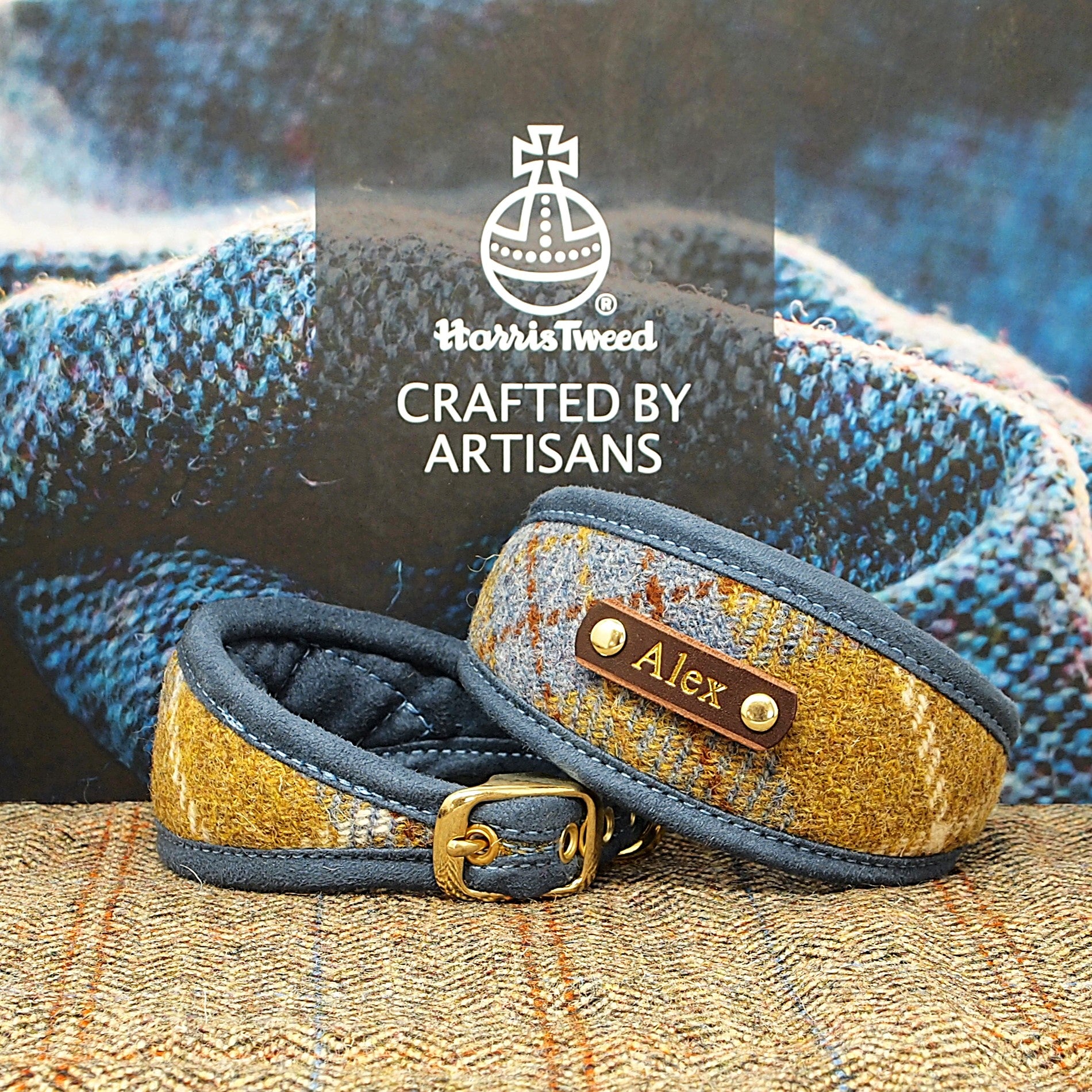 mustard and blue tartan plaid genuine harris tweed sighthound greyhound whippet lurcher collar custom personalised with dogs name on 