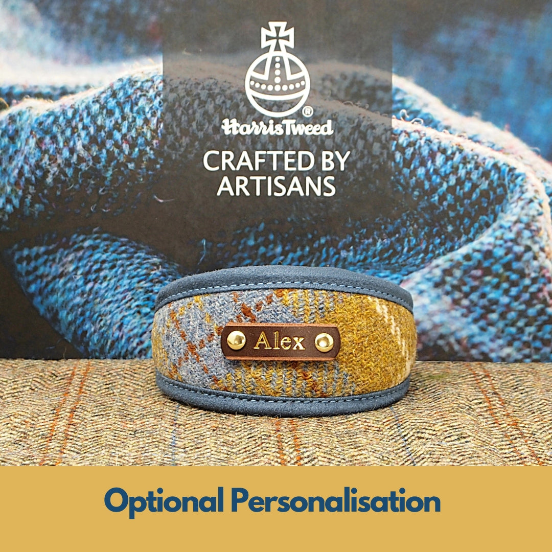 Harris Tweed Mustard &amp; Blue Tartan Greyhound Collar or Slim fit luxury dog collar.