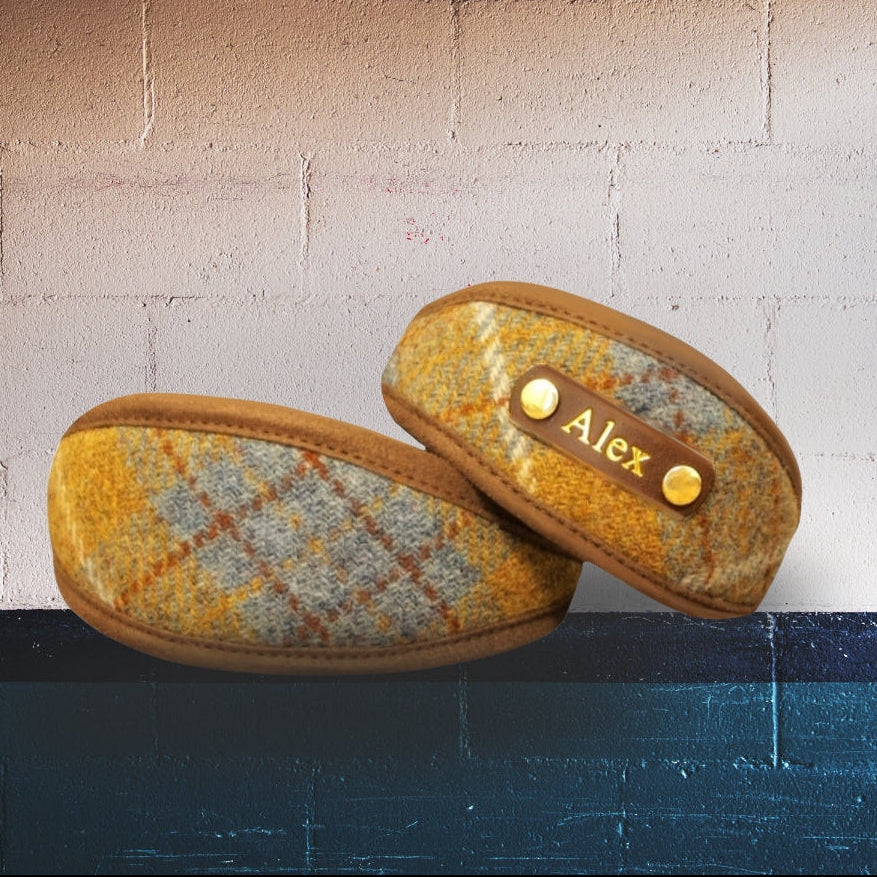 mustard blue tartan plaid harris tweed sighthound greyhound whippet lurcher dog collar personalised with dogs name on