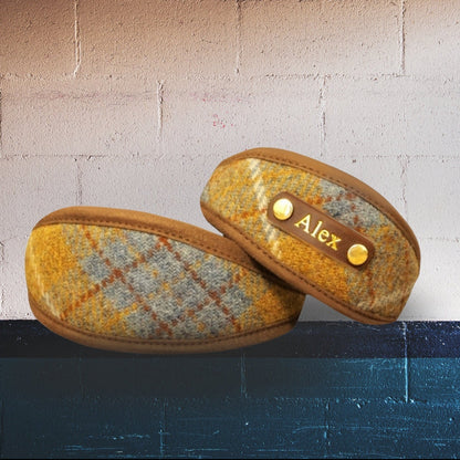 mustard blue tartan plaid harris tweed sighthound greyhound whippet lurcher dog collar personalised with dogs name on