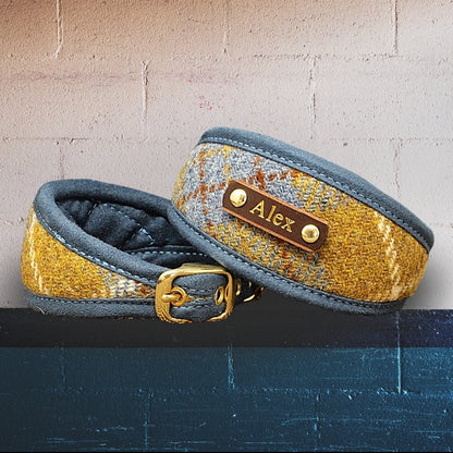 mustard blue tartan harris tweed sighthound collar and dog collar, personalized with dogs name on