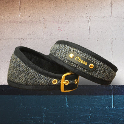 navy barleycorn harris tweed dog collar, whippet collar personalized with dogs name on