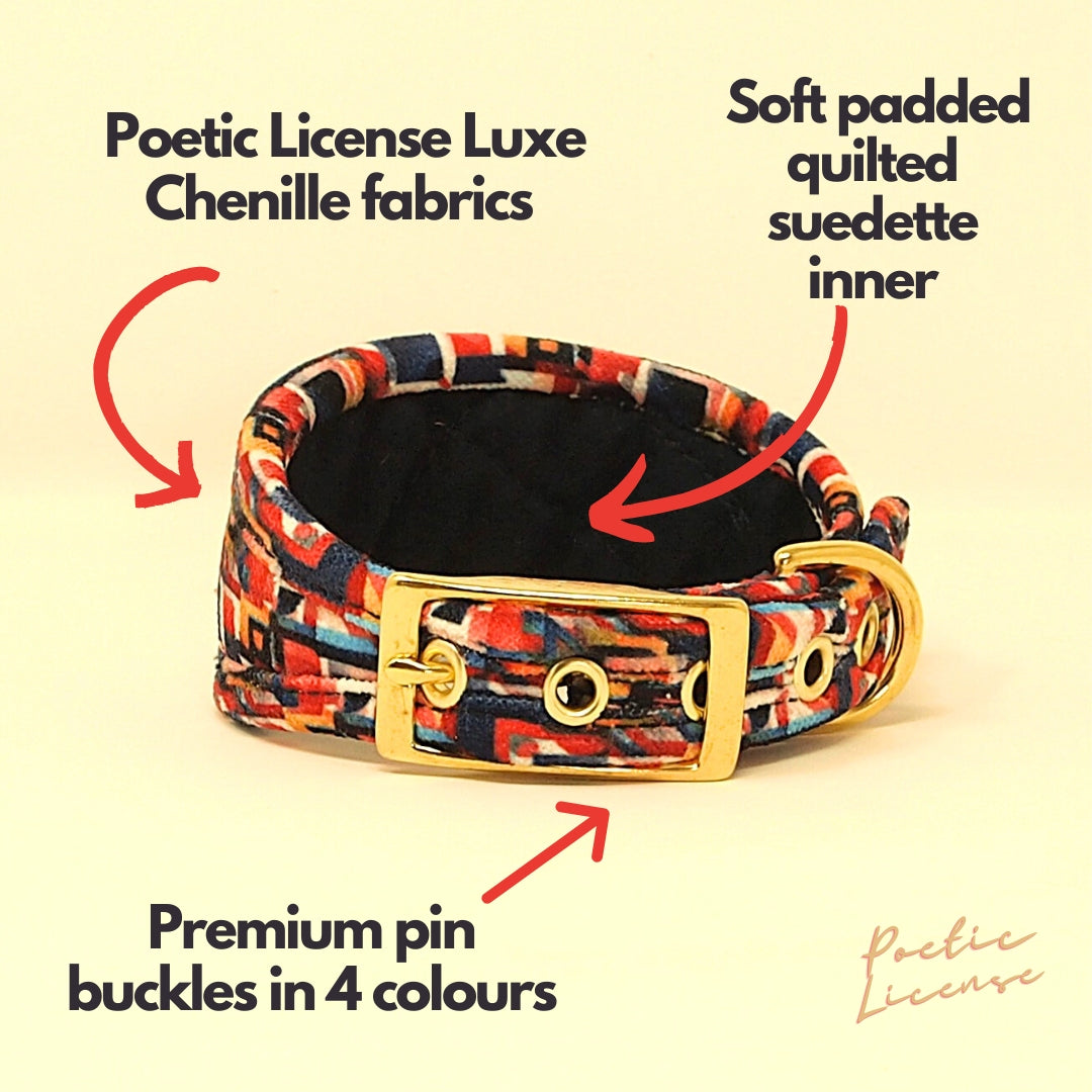 Personalised Navy &amp; Red Abstract Dog collar, soft &amp; padded collar. Puppy collars to X-Large