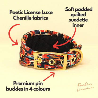 Personalised Navy &amp; Red Abstract Dog collar, soft &amp; padded collar. Puppy collars to X-Large