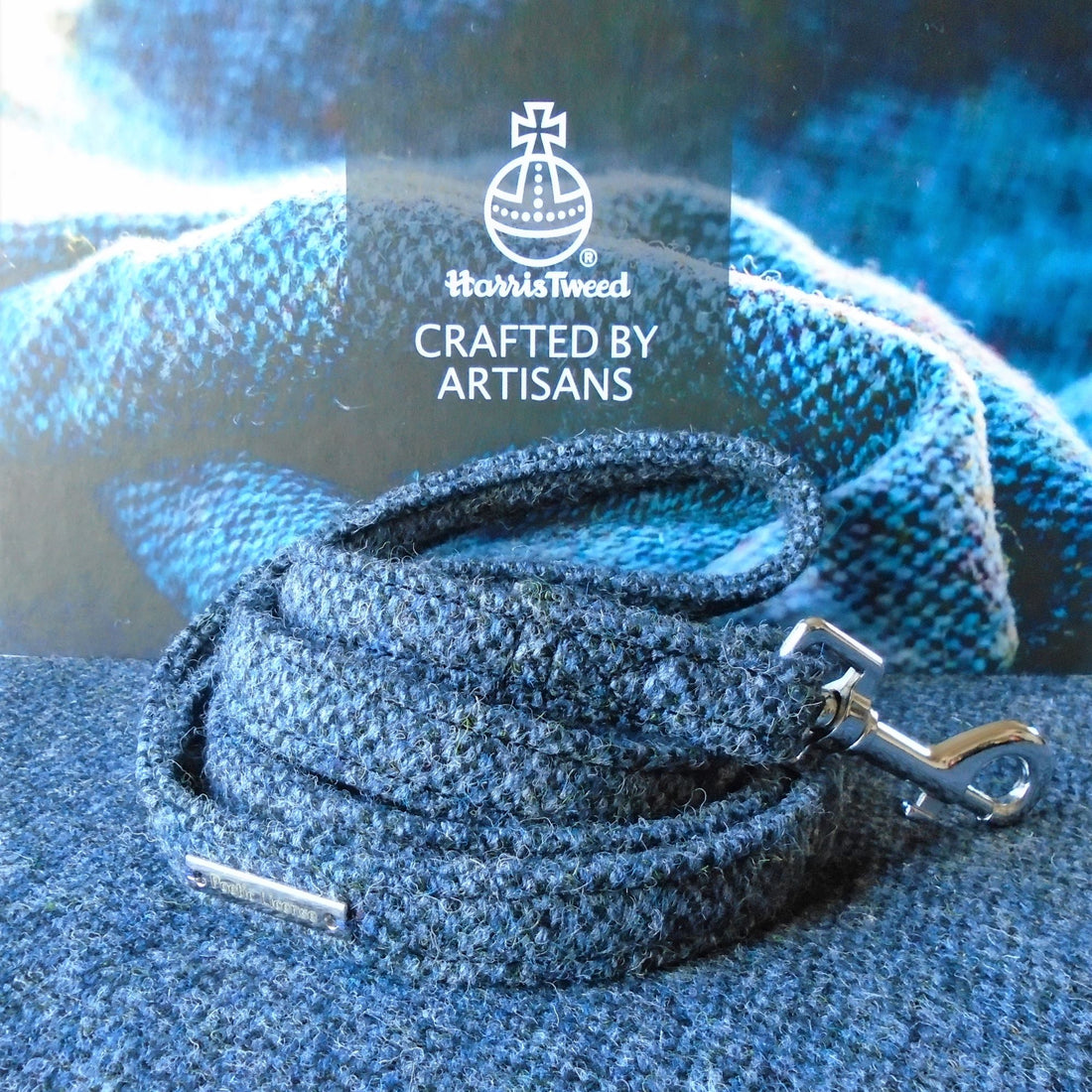 navy barleycorn harris tweed dog lead, perfect for weddings and special occasions