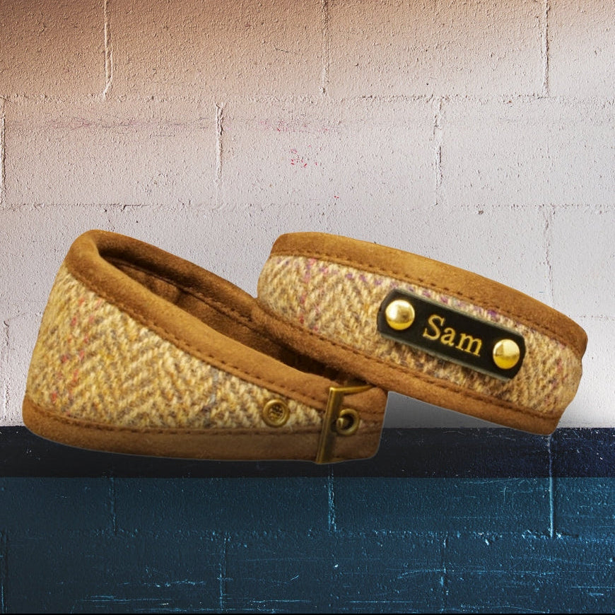 oatmeal brown mocha harris tweed herringbone dog collar, personalized with dogs name