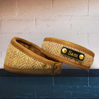 oatmeal brown mocha harris tweed herringbone dog collar, personalized with dogs name