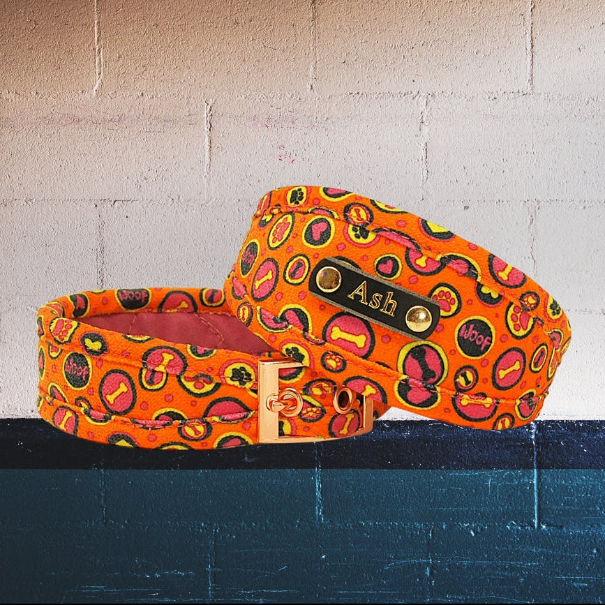 bright orange and hot pink whippet sighthound greyhound collar personalised with dogs name on