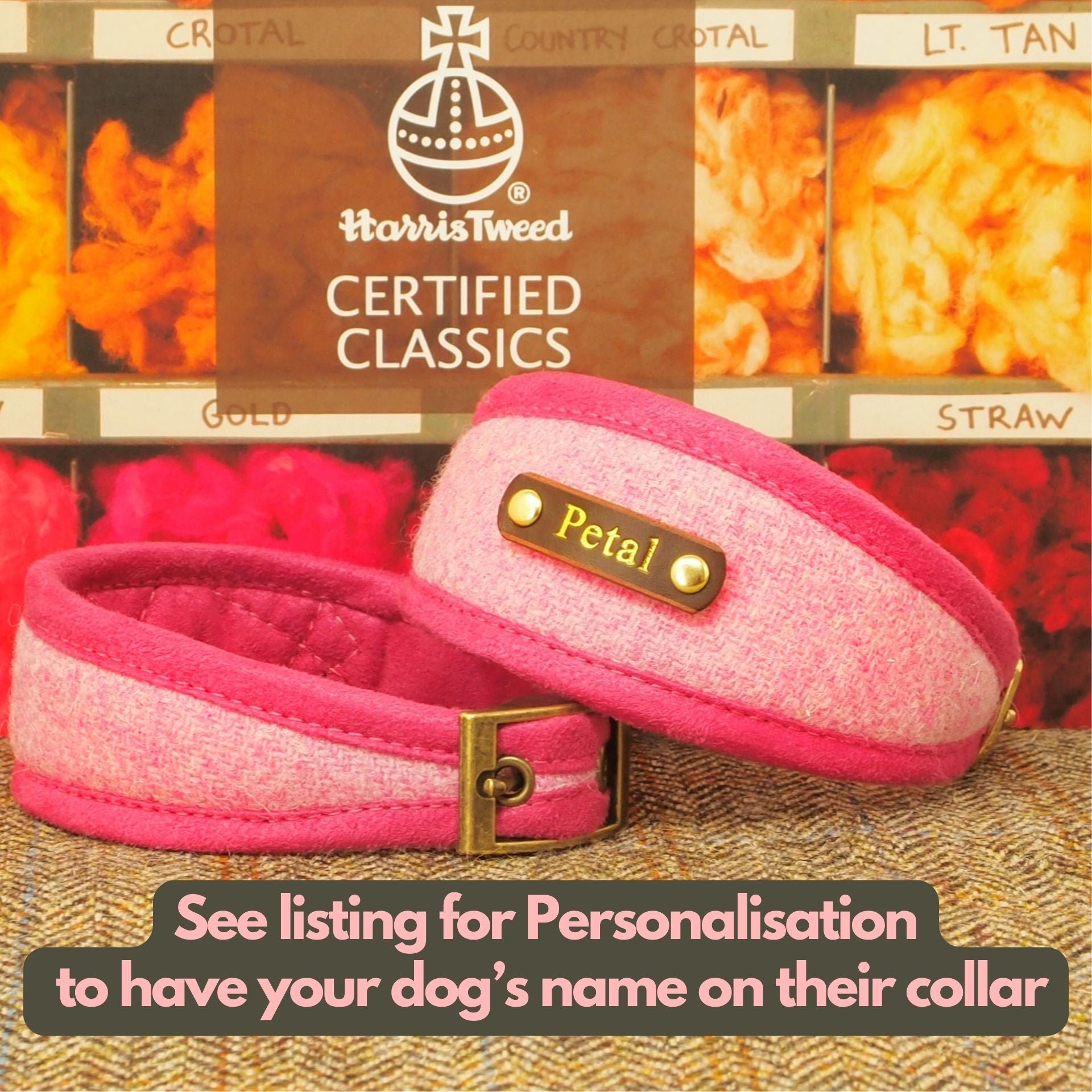 Custom Harris Tweed Pink Dog Collar or wider Greyhound, Whippet, Sighthound collar.