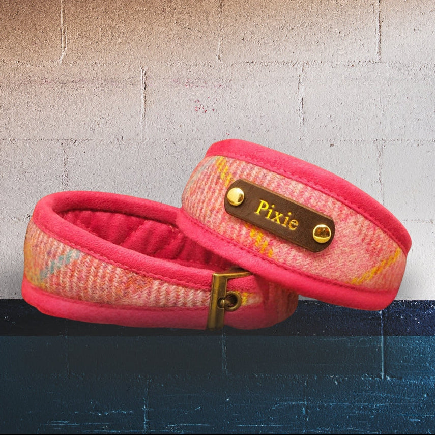 custom pink tartan harris tweed sightound collar with dogs name on