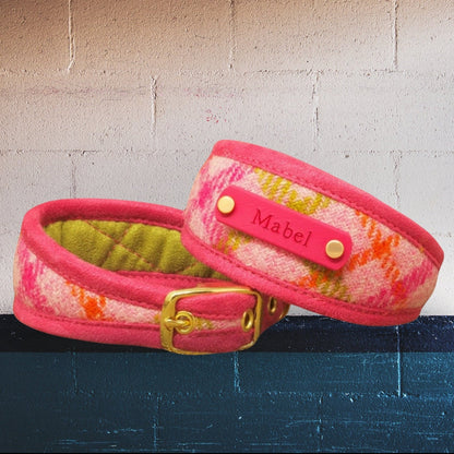 pink orange green windowpane tartan harris tweed personalised dog collar