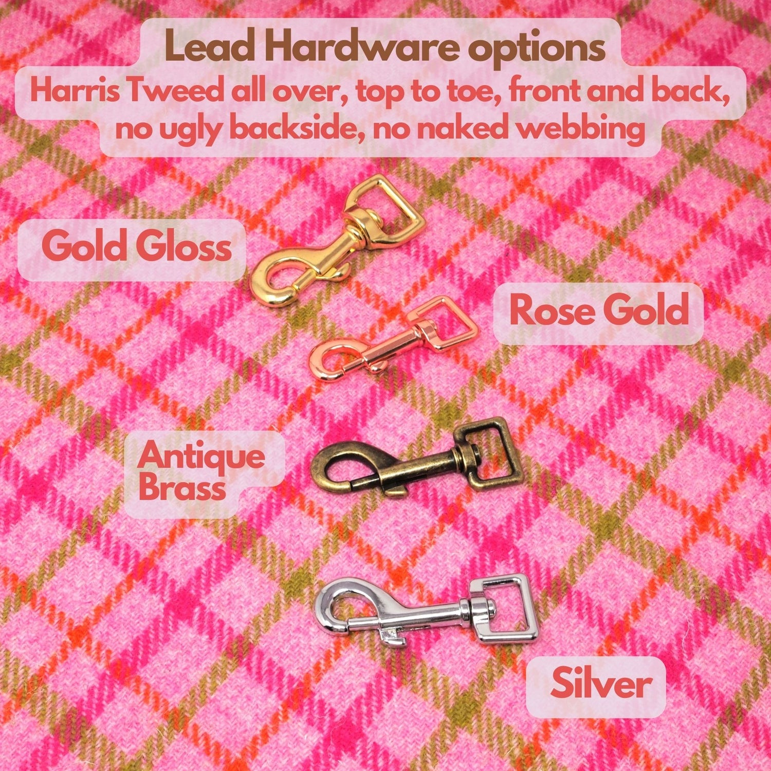 pink windowpane harris tweed dog lead with 4 hardware options