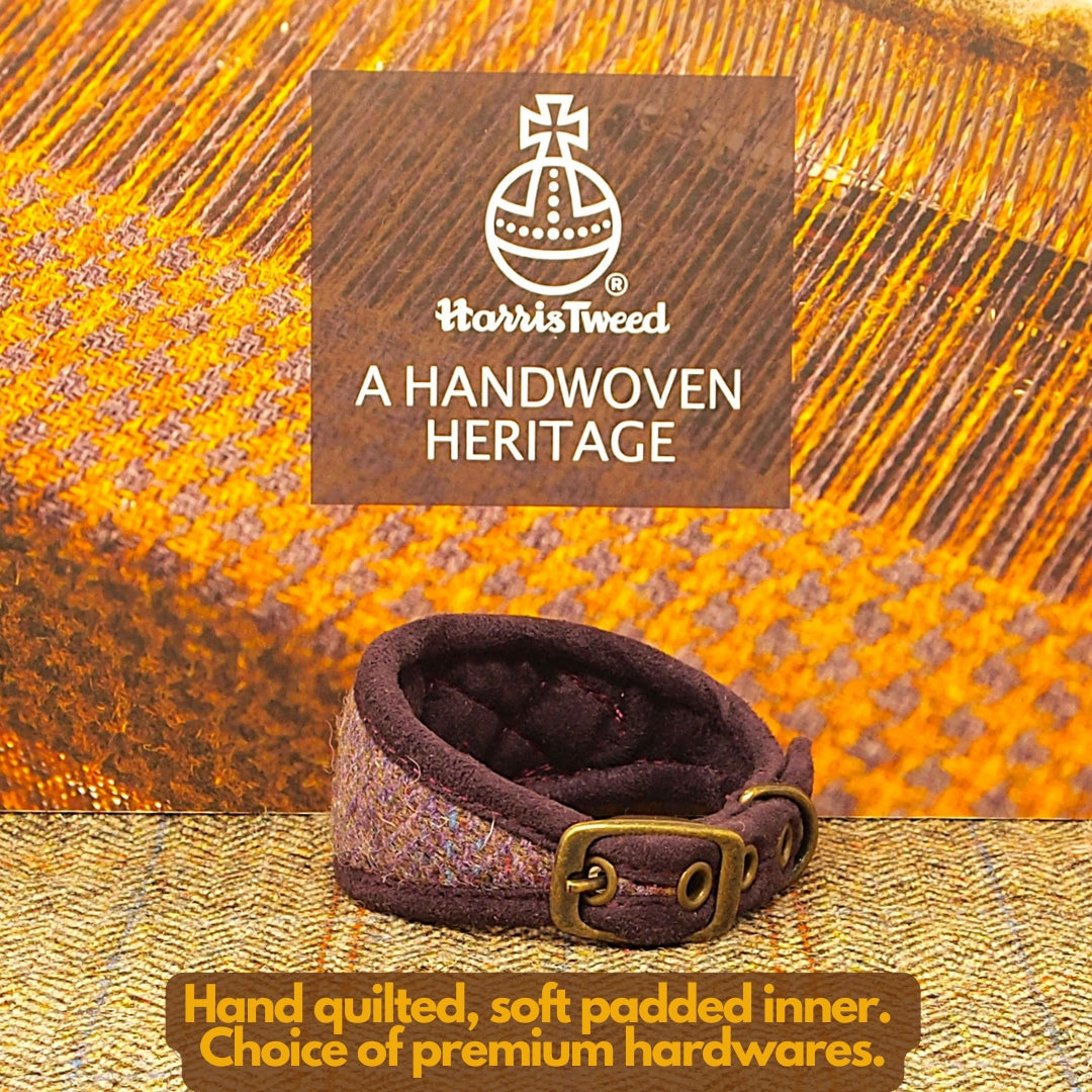 Purple Plum Harris Tweed Dog Collar, Greyhound, Whippet. Can be personalised with name on the collar