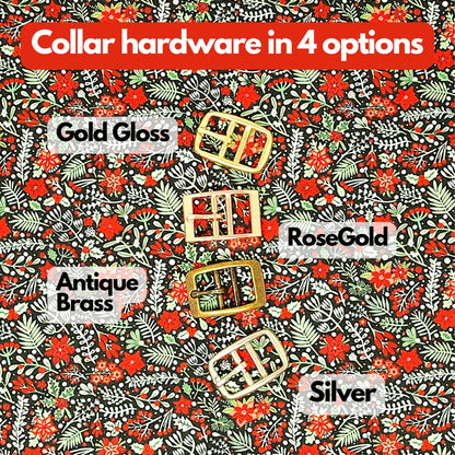 Personalised Holly &amp; Poinsettia Dog collar, soft &amp; padded collar. Puppy collars to X-Large