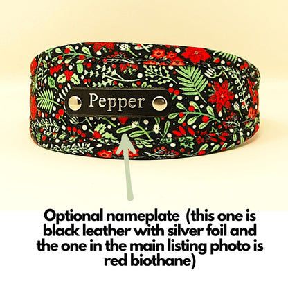 Personalised Holly &amp; Poinsettia Dog collar, soft &amp; padded collar. Puppy collars to X-Large