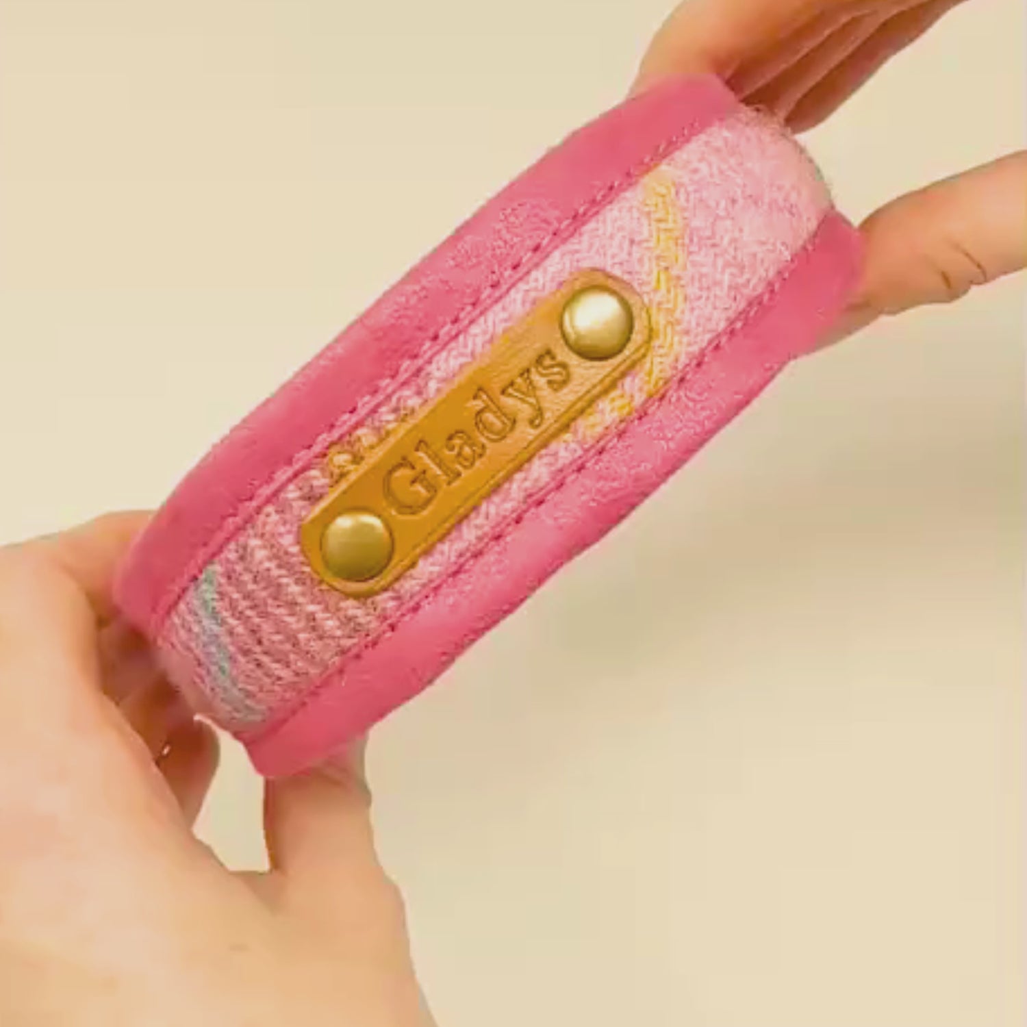 pink tartan harris tweed custom dog collar with dogs name on