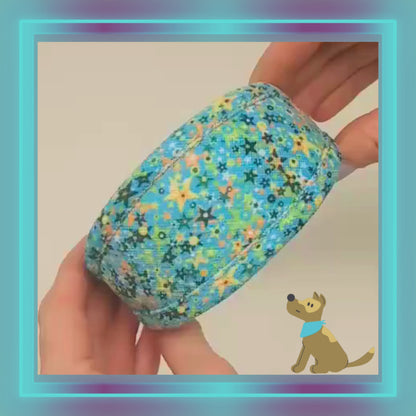 Vegan Dog Collar in Blue/Green Stars with optional name personalisation.
