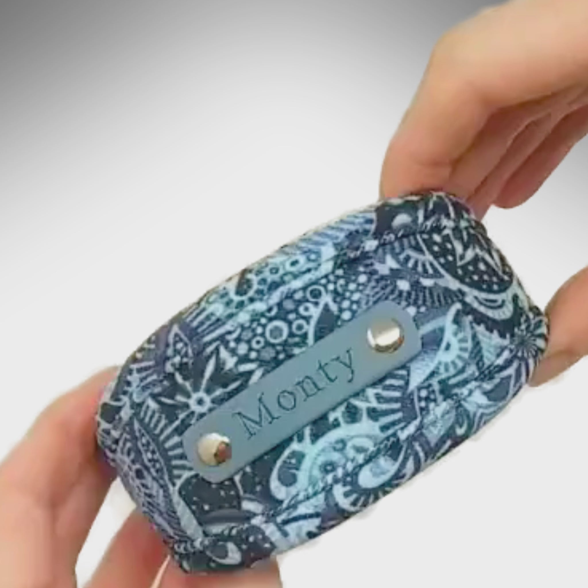 blue grey boy dog personalised hound or dog collar made from vegan chenille and biothane nameplate