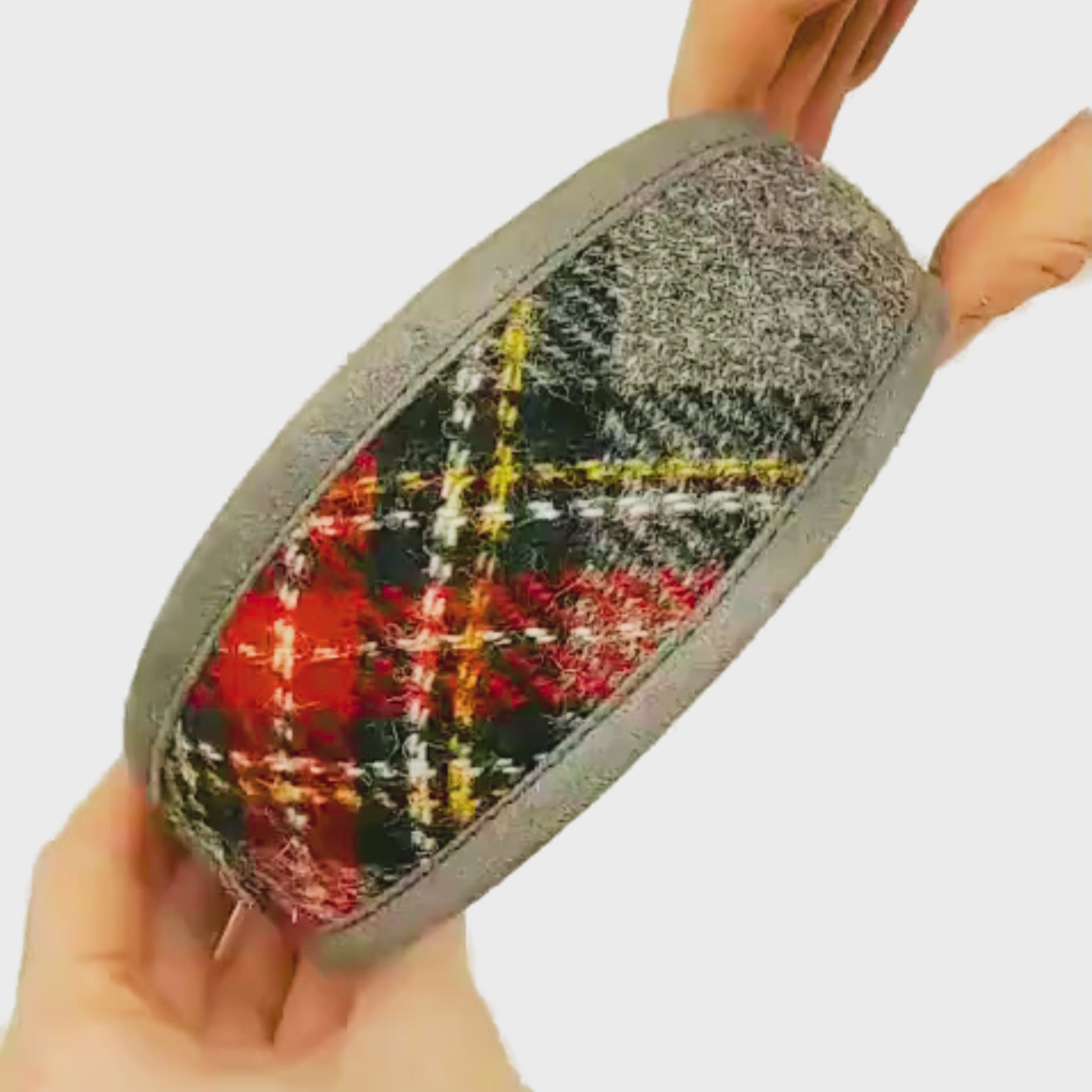 designer dog collar in grey red yellow scottish tartan harris tweed sighthound whippet greyhound lurcher whippet collar personalised with dogs name on