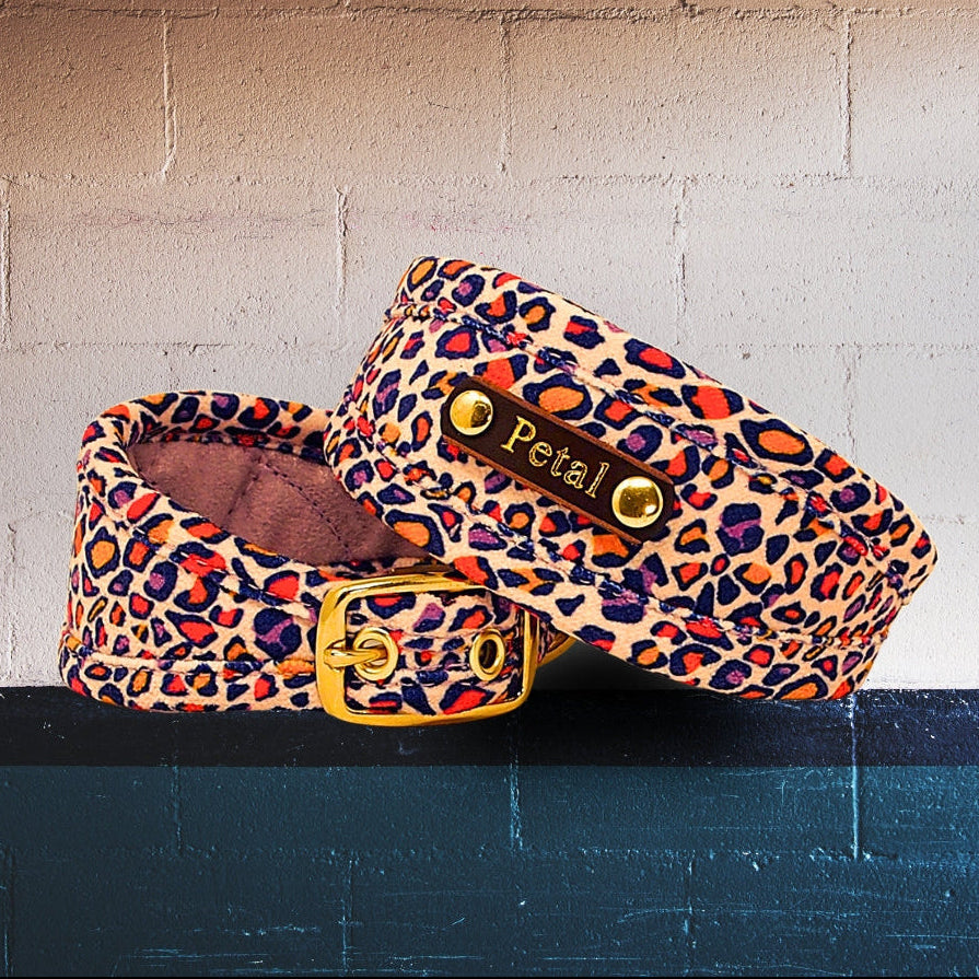 animal print, leopard print dog collar for whippet greyhound sighthound lurcher wolfhound, personalised with dogs name on collar, on leather nameplate in gold foil