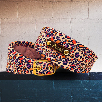 animal print, leopard print dog collar for whippet greyhound sighthound lurcher wolfhound, personalised with dogs name on collar, on leather nameplate in gold foil