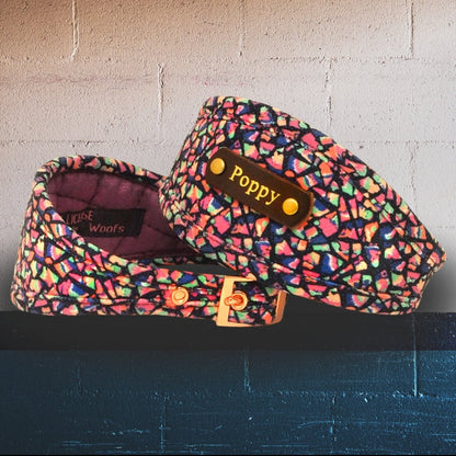 wide or slim dog collars, designer pretty purple abstract neon soft padded quilted sighthound greyhound  whippet lurcher deerhound saluki iggy collar for sensitive delicate necks, personalised dog collar with dogs name on leather nameplate