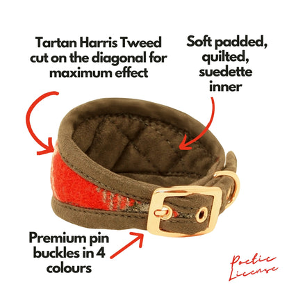 Custom Red &amp; Grey Tartan Dog Collar in Genuine Harris Tweed. Wider width for whippets and sighthounds or slim fit.