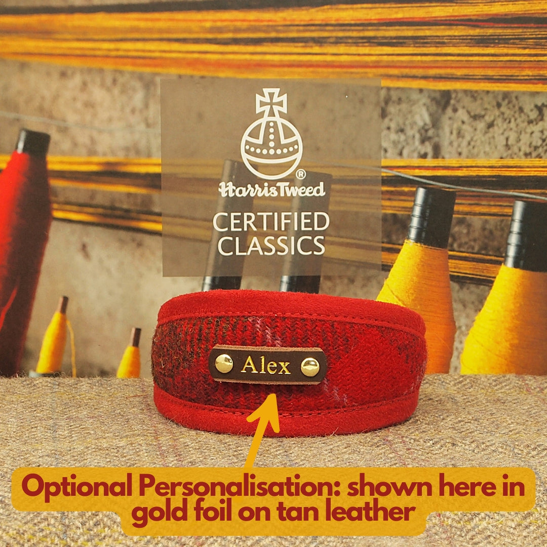 Red &amp; Brown Tartan Dog Collar in Harris Tweed or Greyhound, Whippet collar width or Slim Fit Custom Dog Collar