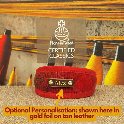 Red &amp; Brown Tartan Dog Collar in Harris Tweed or Greyhound, Whippet collar width or Slim Fit Custom Dog Collar