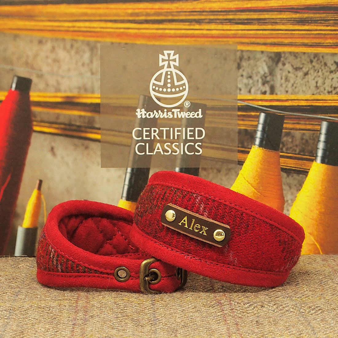 red brown tartan genuine harris tweed whippet greyhound lurcher sighthound wolfhound collar personalized with dogs name on