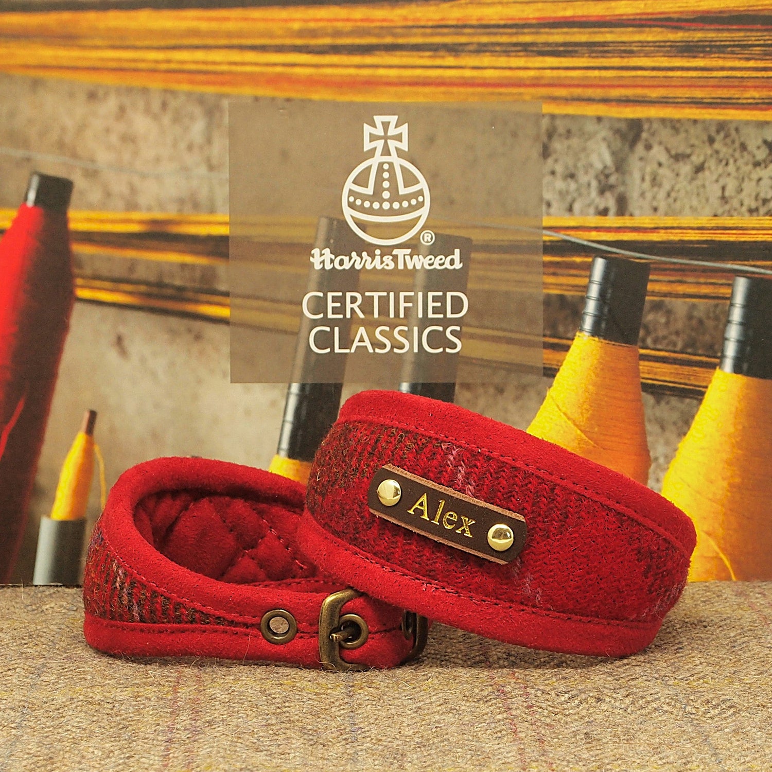 red brown tartan genuine harris tweed whippet greyhound lurcher sighthound wolfhound collar personalized with dogs name on