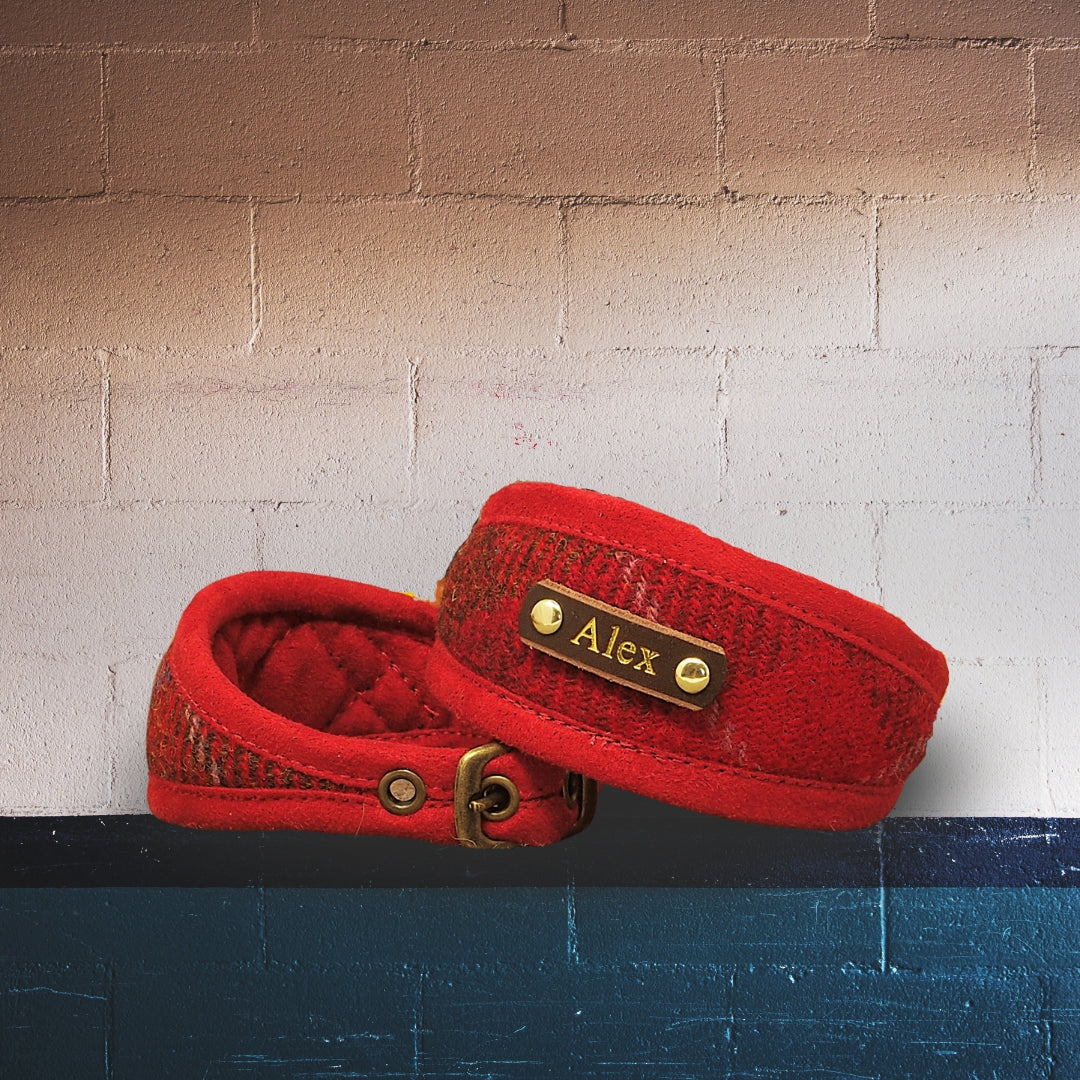 red brown tartan genuine harris tweed whippet greyhound lurcher sighthound wolfhound collar personalized with dogs name on