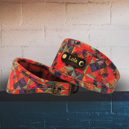 wide dog collar red blue tribal aztec geometric sightound  greyhound whippet deerhound iggy collar with soft padding or slim fit for other breeds, personalised dog collar with dogs name on