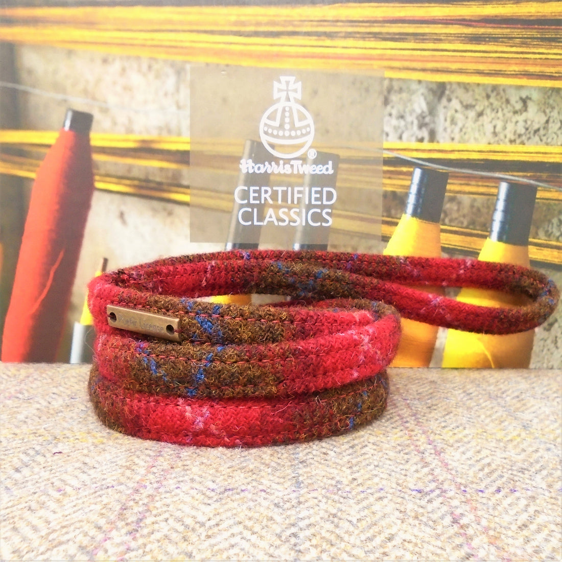 red brown tartan harris tweed dog lead