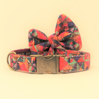 Luxe Chenille Standard Dog Collar in Red Tribal Geometric