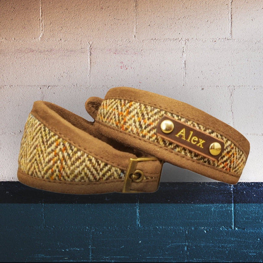 classic tan brown herringbone harris tweed dog collar and sighthound collar, custom personalized with dogs name on