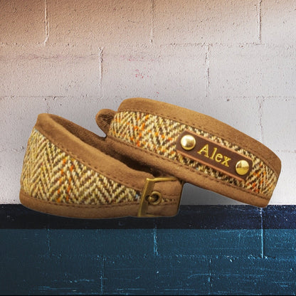 classic tan brown herringbone harris tweed dog collar and sighthound collar, custom personalized with dogs name on