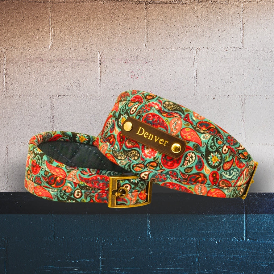 wide dog collar, slim dog collar teal blue red paisley padded quilted sighthound greyhound whippet iggy collar for sensitive delicate necks, designer dog collar personalised with dogs name on