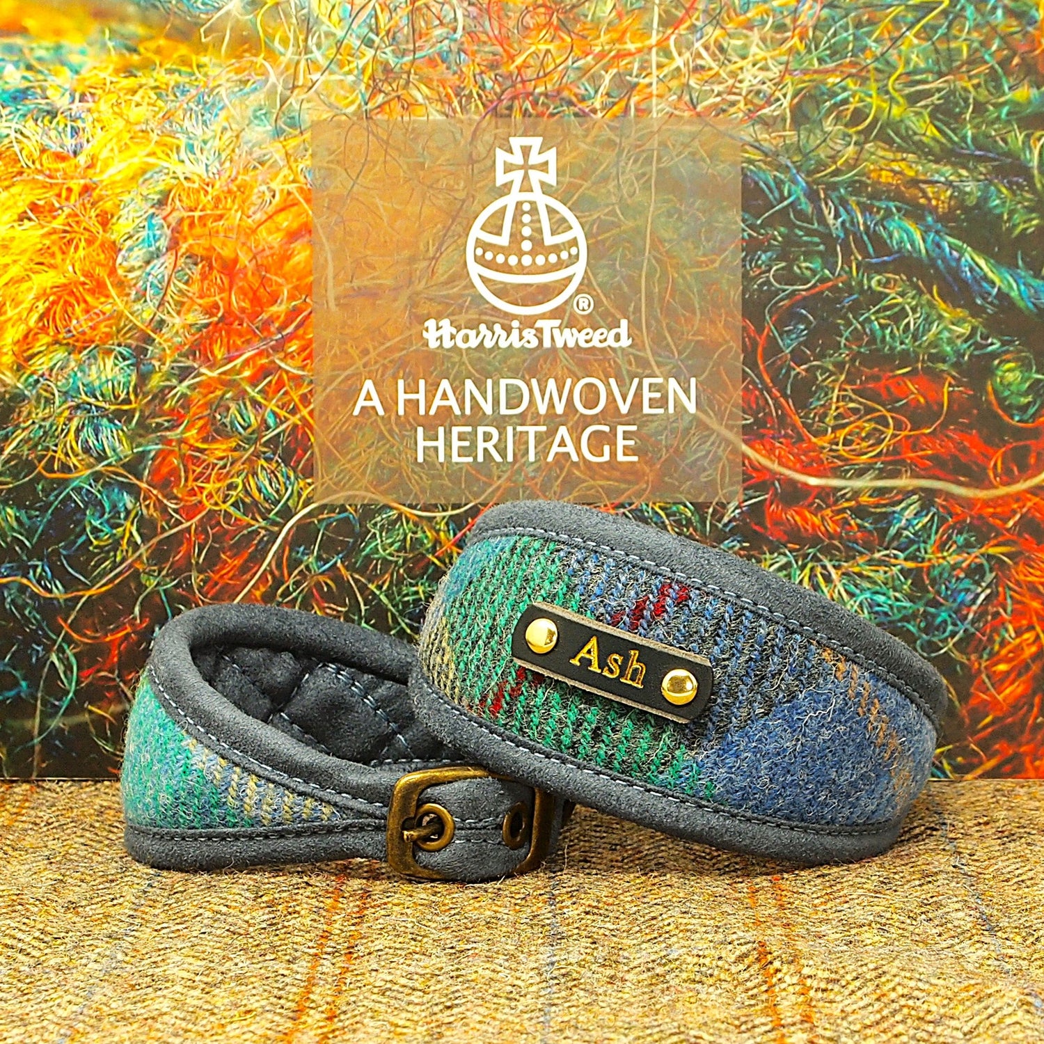 turquoise blue green genuine harris tweed tartan whippet sighthound greyhound lurcher wolfhound personalised custom dog collar with dogs name on