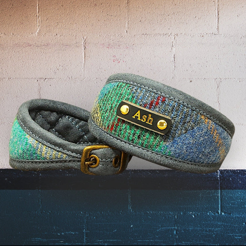 turquoise blue green tartan harris tweed  sighthound collar, for whippet greyhound dog collar personalized with dogs name on