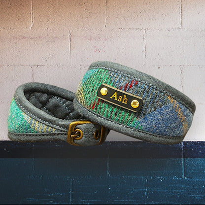 turquoise blue green tartan harris tweed  sighthound collar, for whippet greyhound dog collar personalized with dogs name on