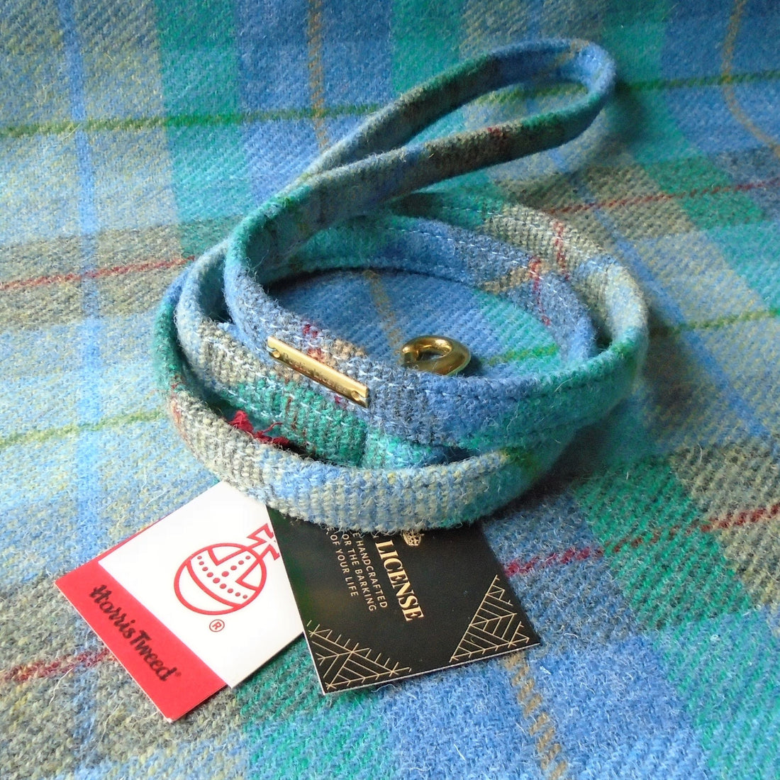 turquoise blue green tartan harris tweed dog lead