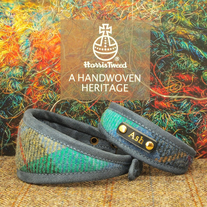 turquoise blue green scottish tartan genuine harris tweed dog collar sighthound greyhound whippet saluki afghan deerhound iggy collar personalised with dogs name on, wide or regular slim width collars for terriers dachshund poodle labrador . custom dog collars 