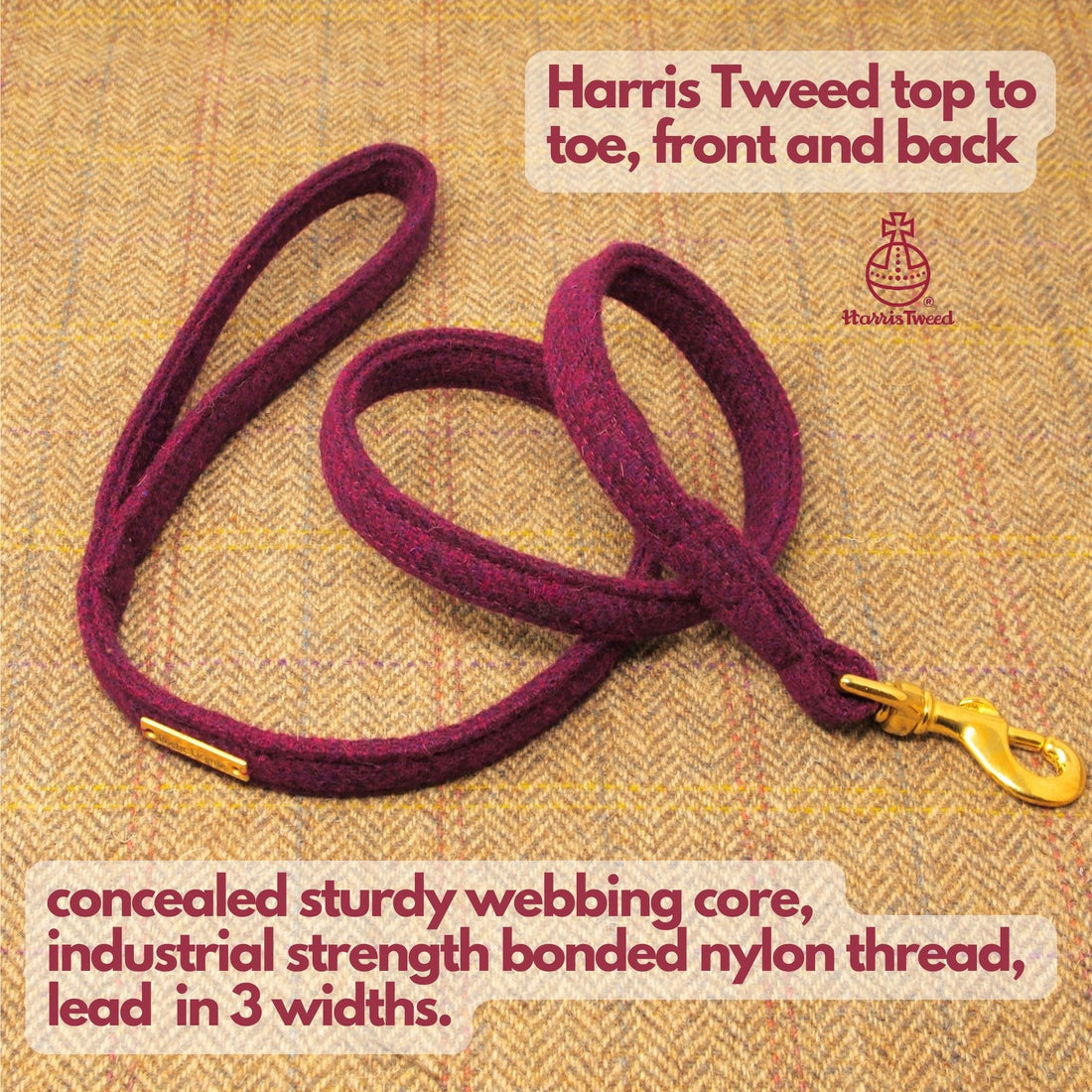 Purple Magenta Dog Leash, Luxury Harris Tweed Pet Lead.