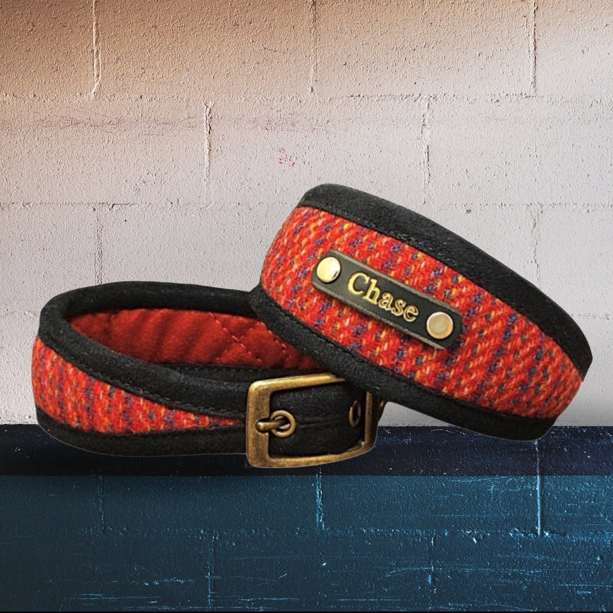red orange stripe harris tweed dog collar custom personalised with dogs name on