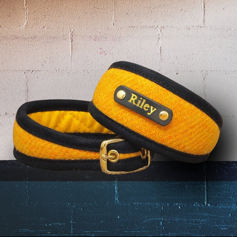 personalised yellow harris tweed dog collar